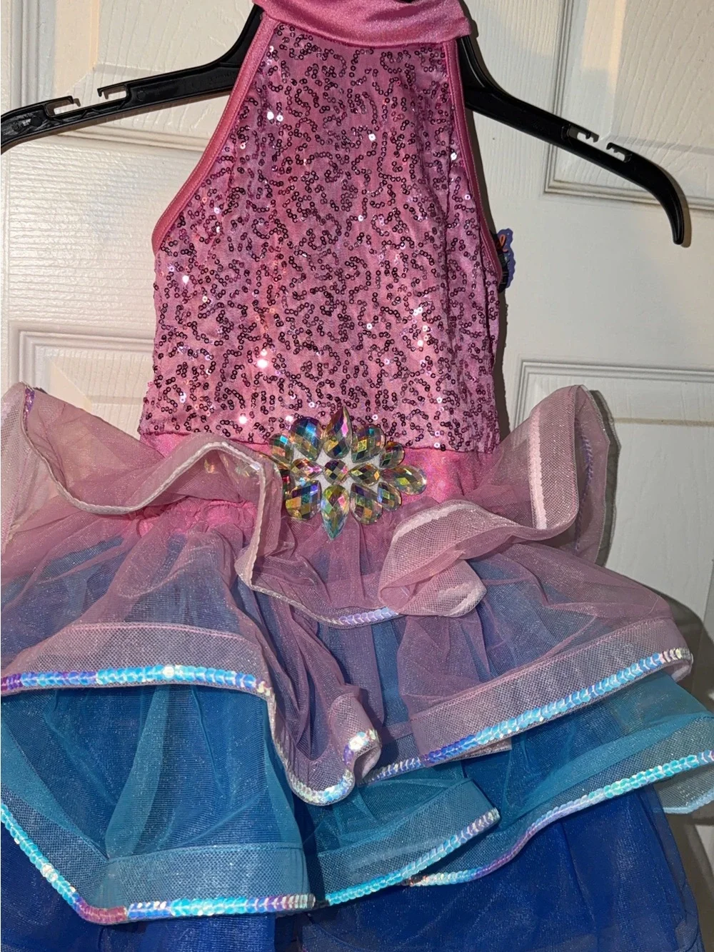 Weissman Pink Sequin Halter Tulle Dance Costume with Blue Layers